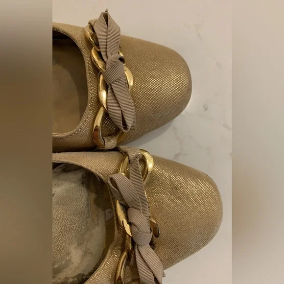 Nina Flats with Chain & Bow Detail in Glitter Fabric and Leather - Picture 1 of 7